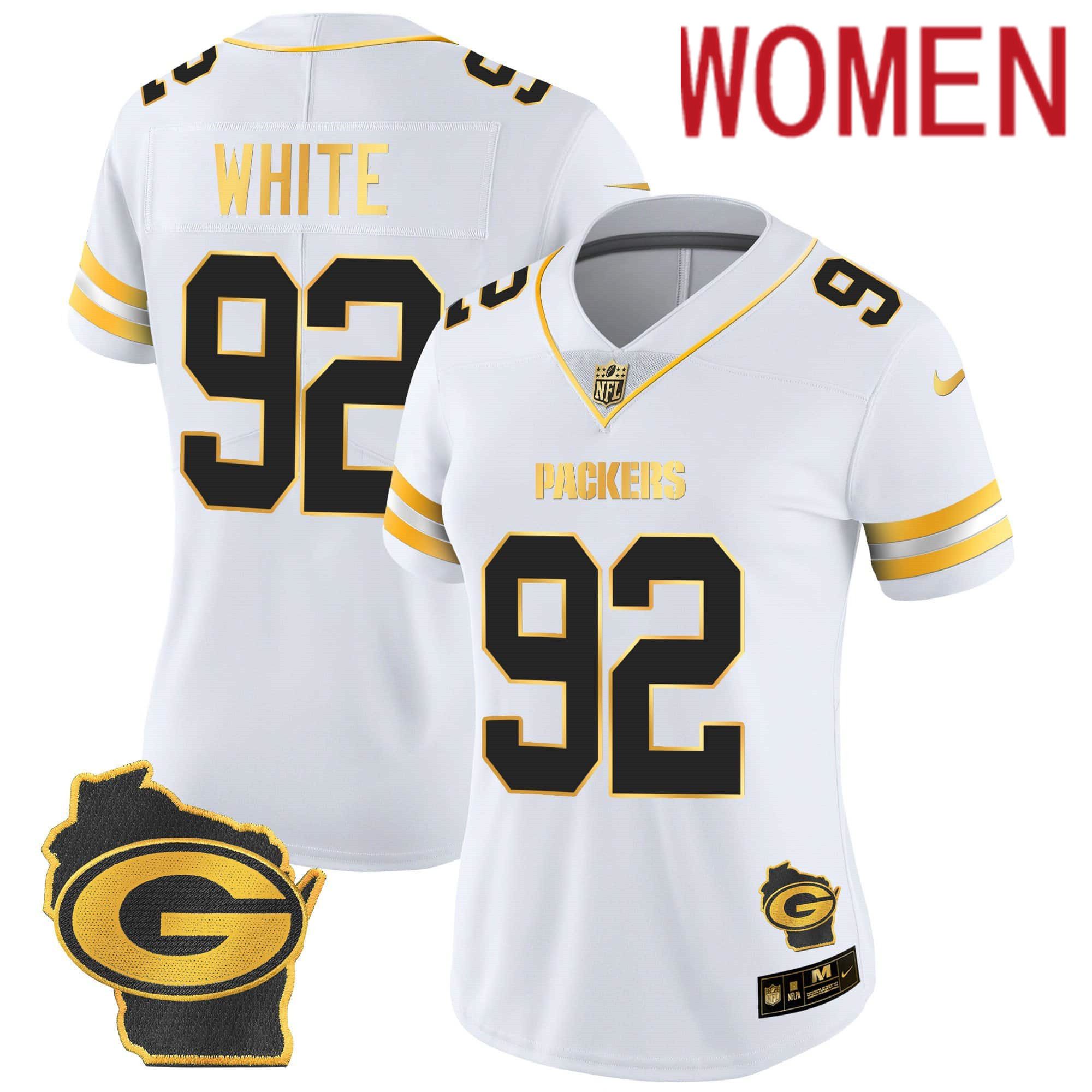 Women Green Bay Packers 92 White White Gold 2024 Nike Home Patch Vapor NFL Jersey